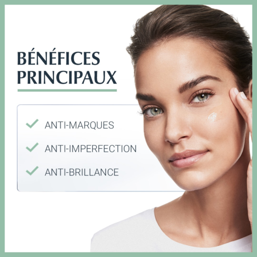 Principaux bénéfices du fluide Eucerin Dermopure : anti-marques, anti-imperfections, anti-brillance.