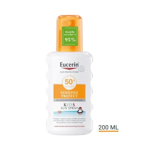 Eucerin Kids Sensitive Protect Spray solaire SPF 50+ 200 ml, protection haute pour peaux sensibles des enfants.