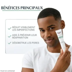 Bénéfices principaux du soin rénovateur cutané Eucerin Dermopure : réduit les imperfections, désobstrue les pores.
