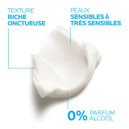 Texture riche et onctueuse sans parfum ni alcool pour peaux sensibles à très sensibles.