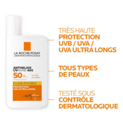 La Roche-Posay Anthelios UVMune 400 Fluide Invisible SPF 50+ avec protection UVA ultra-longs.