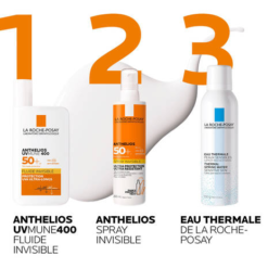 Produits La Roche-Posay : Anthelios UVMune 400 Fluide Invisible, Anthelios Spray Invisible et Eau Thermale.