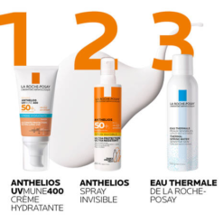 Produits La Roche-Posay : Anthelios UVMune 400 Crème Hydratante, Spray Invisible et Eau Thermale.