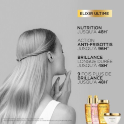Femme avec cheveux longs lisses et produits Kérastase Elixir Ultime.