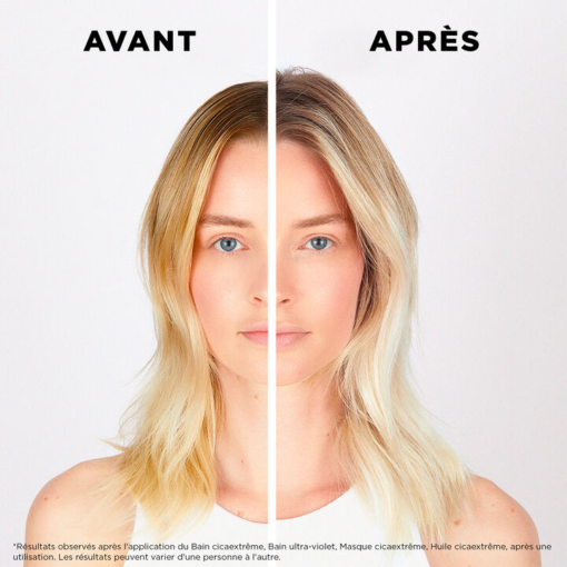 Résultat avant et après un soin capillaire sur cheveux blonds décolorés.