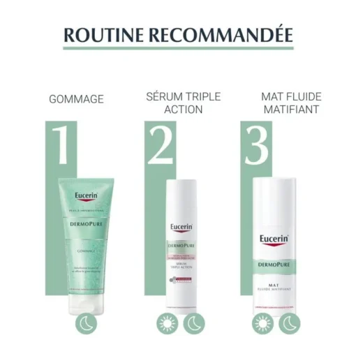 Routine recommandée Eucerin DermoPure avec gommage, sérum triple action et fluide matifiant