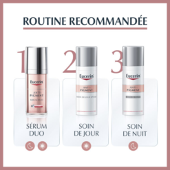 Routine recommandée pour la gamme Anti-Pigment Eucerin : Sérum Duo, soin de jour SPF 30 et soin de nuit.