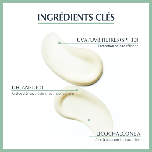 Ingrédients clés de Eucerin Dermopure : UVA/UVB SPF 30, Decanediol, Licochalcone A.