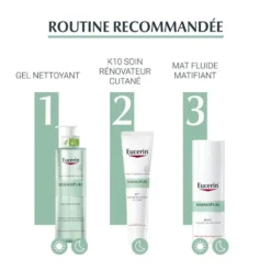 Routine recommandée Eucerin Dermopure : gel nettoyant, soin rénovateur cutané K10, fluide matifiant.
