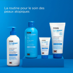 Gamme ISDIN Nutratopic PRO-AMP pour le soin des peaux atopiques avec lotion, gel de bain et crème protectrice.