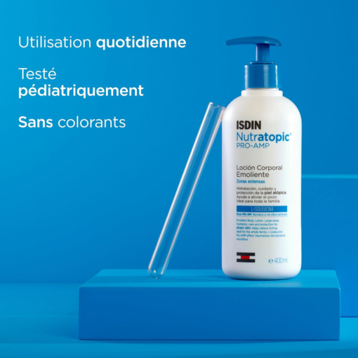 Flacon de lotion ISDIN Nutratopic PRO-AMP testé pédiatriquement, idéal pour un usage quotidien sans colorants.