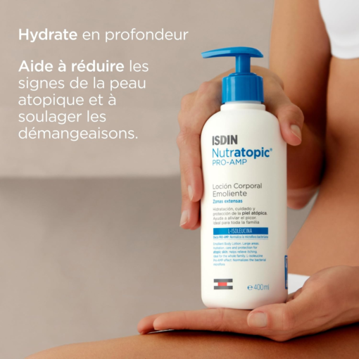 ISDIN Nutratopic PRO-AMP hydrate la peau en profondeur et soulage les démangeaisons des peaux atopiques.