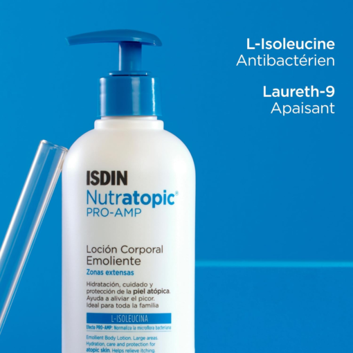 Flacon de ISDIN Nutratopic PRO-AMP Lotion Emolliente enrichie en L-Isoleucine et Laureth-9.