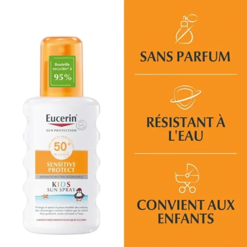 Eucerin Kids Sensitive Protect SPF 50+, sans parfum, résistant à l'eau, idéal pour les enfants.