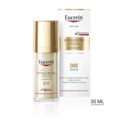 Flacon de Eucerin Hyaluron-Filler + Elasticity 3D Sérum 30 ml, réduit les taches brunes et améliore l'élasticité de la peau.