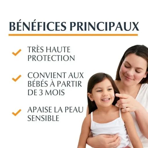 Principaux bénéfices de Eucerin Kids Sensitive Protect SPF 50+ : très haute protection, convient aux bébés dès 3 mois, apaise la peau sensible.