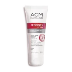 Flacon de 40 ml de la crème réparatrice ACM Sébionex Hydra pour les peaux fragilisées et desséchées.