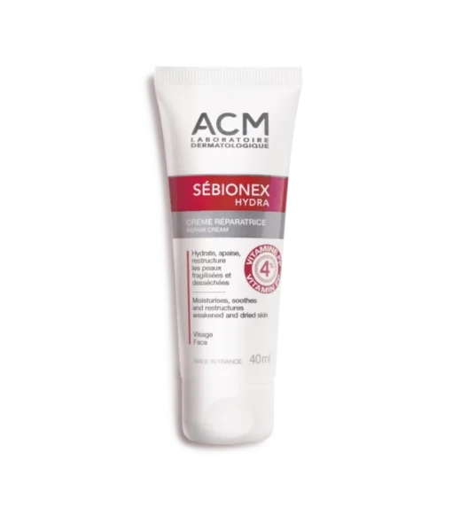 Flacon de 40 ml de la crème réparatrice ACM Sébionex Hydra pour les peaux fragilisées et desséchées.