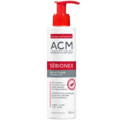 Flacon de 200 ml du gel nettoyant ACM Sébionex pour peaux grasses et à imperfections.