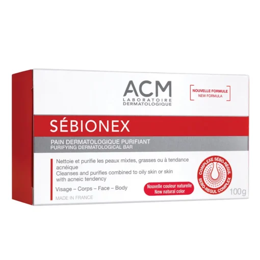 Boîte du pain dermatologique purifiant ACM Sébionex, 100 g, pour peaux mixtes à grasses et acnéiques.