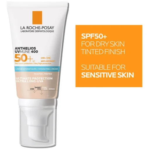 Crème solaire SPF50+ teintée pour peaux sensibles et sèches, La Roche-Posay Anthelios UVMune 400.