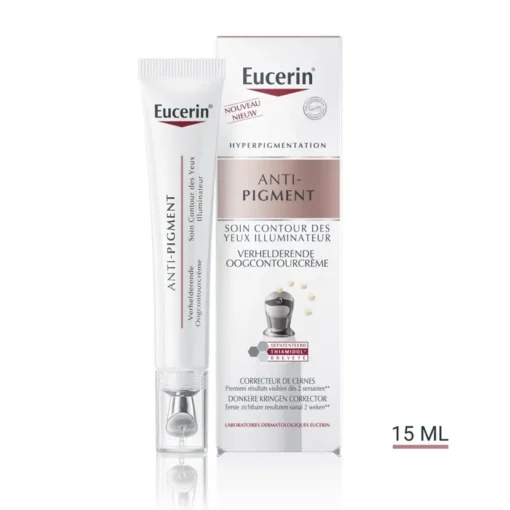 Flacon et boîte du soin contour des yeux Eucerin Anti-Pigment 15 ml, correcteur de cernes avec Thiamidol.