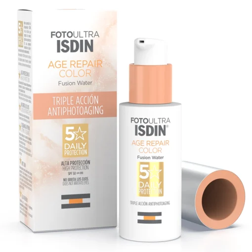 Packaging de ISDIN FotoUltra Age Repair Color avec protection solaire SPF 50 et formule anti-âge.