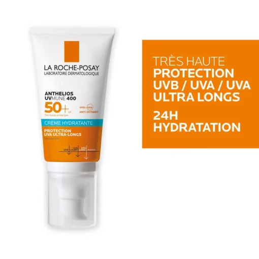 Protection UVB, UVA, et UVA ultra-longs avec la crème hydratante La Roche-Posay Anthelios UVMune SPF 50+.