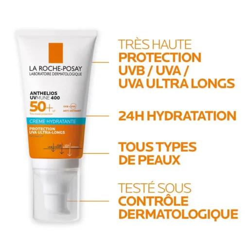 Crème solaire La Roche-Posay Anthelios UVMune SPF 50+ pour tous types de peaux.