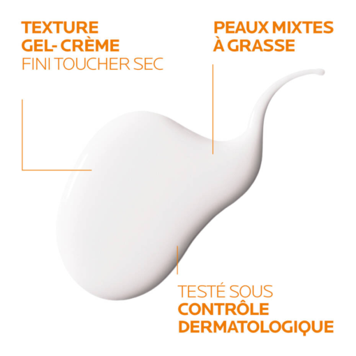 Texture du gel-crème La Roche-Posay Anthelios UVMUNE 400 SPF 50+ avec fini toucher sec, testé dermatologiquement.