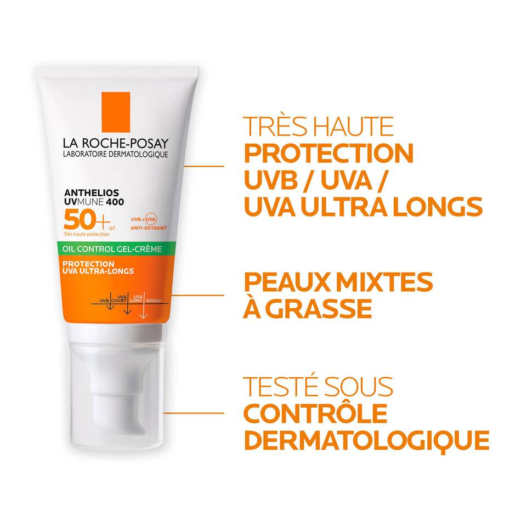 La Roche-Posay Anthelios UVMUNE 400 Gel-Crème SPF 50+ protection UVB, UVA, et UVA ultra-longs pour peaux mixtes à grasses.