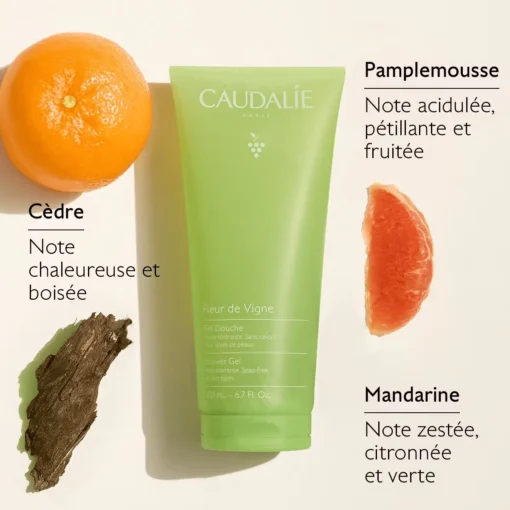 Gel douche Caudalie Fleur de Vigne avec notes de pamplemousse, mandarine et cèdre