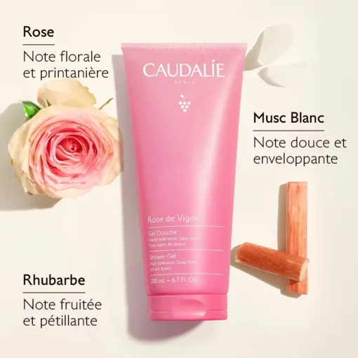 Gel douche Caudalie Rose de Vigne avec notes de rose, rhubarbe et musc blanc