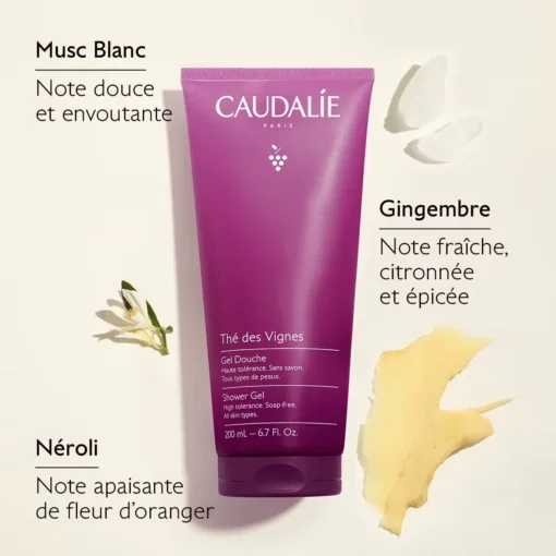 Gel douche Caudalie Thé des Vignes avec notes de musc blanc, gingembre et néroli