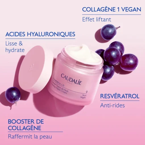 Caudalie Resveratrol-Lift Crème Tisane de Nuit avec des ingrédients clés tels que des acides hyaluroniques et du collagène vegan.