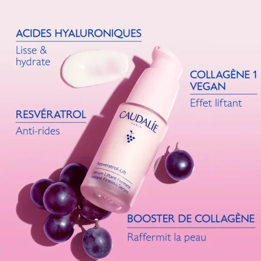 Caudalie Resveratrol-Lift Sérum Liftant Fermeté avec acides hyaluroniques, resvératrol et collagène vegan.