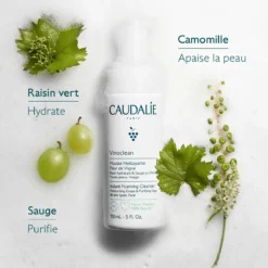 Mousse Nettoyante Caudalie Vinoclean avec raisin vert, camomille et sauge.