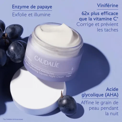 Crème Nuit Glycolique Caudalie Vinoperfect avec viniférine, enzyme de papaye et acide glycolique