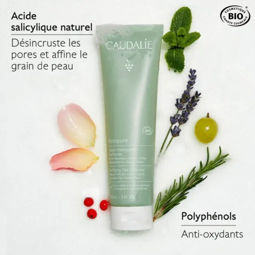 Caudalie Vinopure Gelée Nettoyante Purifiante avec acide salicylique naturel et polyphénols antioxydants.