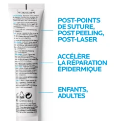 Dos de la boîte La Roche-Posay Cicaplast Gel B5, soin pour post-suture, post-laser et post-peeling.