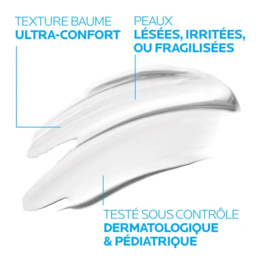 Texture baume ultra-confort pour peaux lésées, irritées ou fragilisées, testé sous contrôle dermatologique.