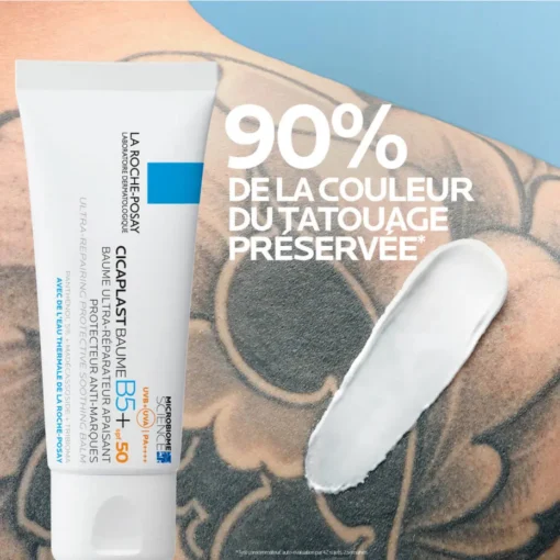 Cicaplast Baume B5+ SPF50, préservation de la couleur des tatouages.