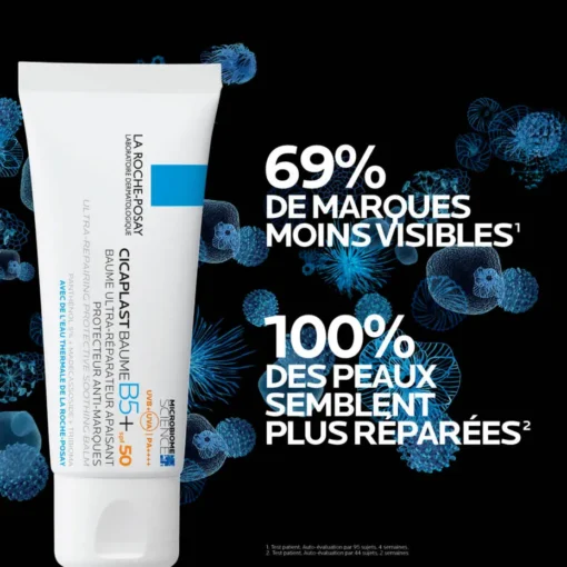 Baume réparateur Cicaplast B5+ SPF50 réduisant les marques visibles et réparant la peau.