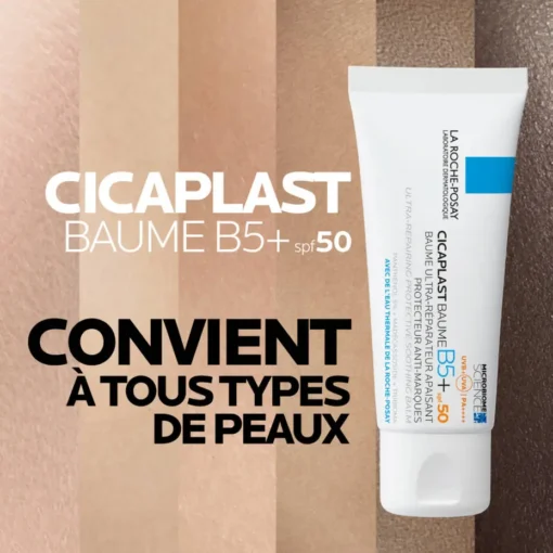 Cicaplast Baume B5+ SPF50, convient à tous types de peaux.