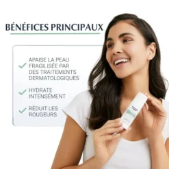 Les principaux bénéfices de la crème Eucerin Dermopure Hydra : apaise la peau fragilisée, hydrate intensément, et réduit les rougeurs.