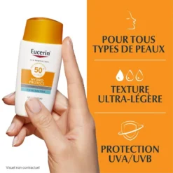 Fluide solaire Eucerin Hydro Protect SPF 50+ avec texture ultra-légère et protection UVA/UVB, pour tous types de peaux.