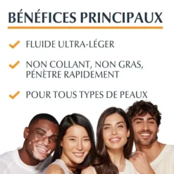 Fluide ultra-léger non collant et non gras, pénétration rapide, et adapté à tous types de peaux avec le fluide solaire Eucerin Hydro Protect.