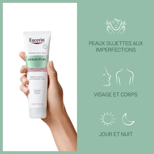 Gel nettoyant triple action Eucerin DermoPure pour peaux sujettes aux imperfections.