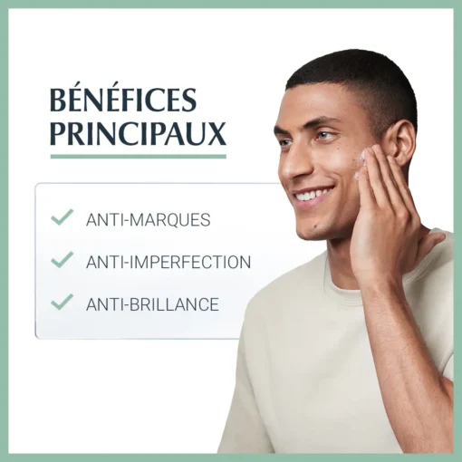 Bénéfices principaux du gel nettoyant Eucerin DermoPure : anti-marques, anti-imperfections, anti-brillance.