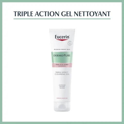 Tube de gel nettoyant Eucerin DermoPure, soin triple action pour les peaux à imperfections.